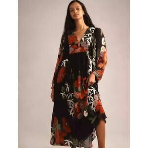 Farm Rio x Anthropologie Long Sleeve V Neck Floral Maxi Dress Balloon Sleeve S